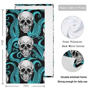 Naanle Stylish Skull Turquoise Octopus Tentacles Soft 2 Piece Fluffy Guest Hand Towels, Multipurpose Decor for Bathroom, Hotel, Gym and Spa (14" x 28")