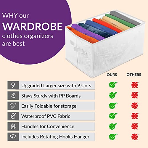 Large Sturdy Wardrobe Clothes Organizer – 17 x 11 x 8.6-inch Clothes Organizer for Folded Clothes – 2-Pcs Foldable Wardrobe Boxes with 9 Slots Each – Pants Organizers with Rotating Hooks Hanger