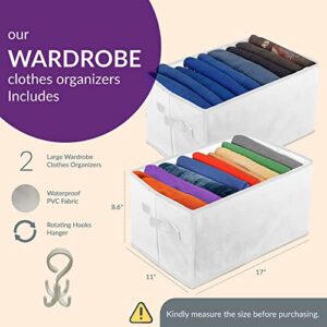 Large Sturdy Wardrobe Clothes Organizer – 17 x 11 x 8.6-inch Clothes Organizer for Folded Clothes – 2-Pcs Foldable Wardrobe Boxes with 9 Slots Each – Pants Organizers with Rotating Hooks Hanger