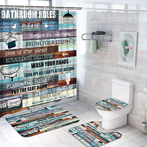 Rustic Quotes Bathroom Rules Shower Curtain Sets with Non-Slip Rug, Toilet Lid Cover and Bath Mat, Teal Inspirational Shower Curtain with 12 Hooks, Vintage Wooden Farmhouse Blue Bathroom Sets