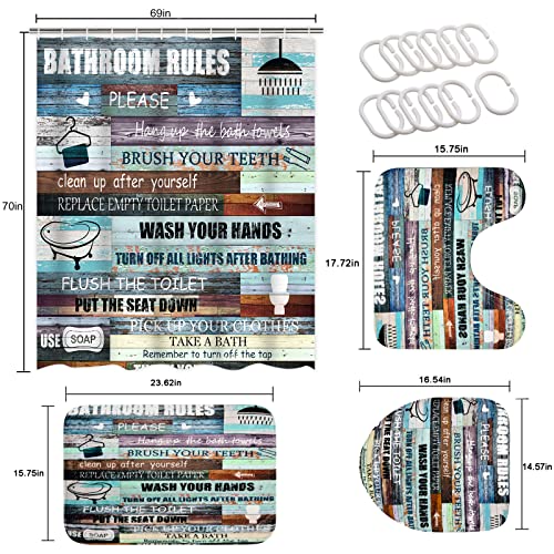 Rustic Quotes Bathroom Rules Shower Curtain Sets with Non-Slip Rug, Toilet Lid Cover and Bath Mat, Teal Inspirational Shower Curtain with 12 Hooks, Vintage Wooden Farmhouse Blue Bathroom Sets