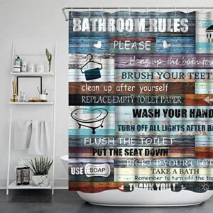 Rustic Quotes Bathroom Rules Shower Curtain Sets with Non-Slip Rug, Toilet Lid Cover and Bath Mat, Teal Inspirational Shower Curtain with 12 Hooks, Vintage Wooden Farmhouse Blue Bathroom Sets