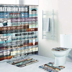 Rustic Quotes Bathroom Rules Shower Curtain Sets with Non-Slip Rug, Toilet Lid Cover and Bath Mat, Teal Inspirational Shower Curtain with 12 Hooks, Vintage Wooden Farmhouse Blue Bathroom Sets