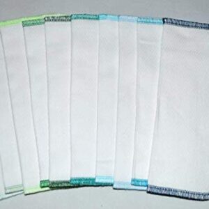 2 Ply 8x8 Inches White Cotton Birdseye Little Wipes Set of 10 Assorted Blues and Greens