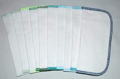 2 Ply 8x8 Inches White Cotton Birdseye Little Wipes Set of 10 Assorted Blues and Greens