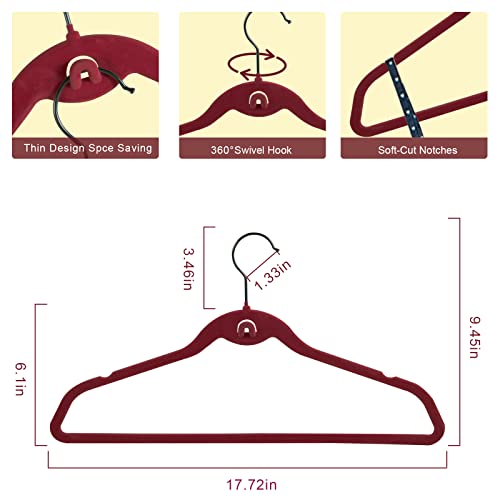 ATZJOY Velvet Hangers, Non Slip 360 Degree Swivel Hook Strong and Durable Clothes Hangers for Coats, Suit, Shirt, Pants & Dress Clothes(50 Pack Burgundy)