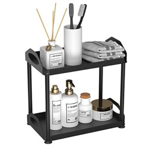 black 2-tier bathroom countertop organizer for skincare, cosmetic, perfume, and toiletries - vanity tray with non-slip foot pads for kitchen spice storage shelf