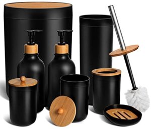 mierting black bathroom accessories set 8 pcs, matte black bathroom accessory sets with trash can, soap dispenser and toothbrush holder set, soap dish, cotton ball & qtip holder, toilet brush & holder