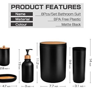 MIERTING Black Bathroom Accessories Set 8 Pcs, Matte Black Bathroom Accessory Sets With Trash Can, Soap Dispenser And Toothbrush Holder Set, Soap Dish, Cotton Ball & Qtip Holder, Toilet Brush & Holder