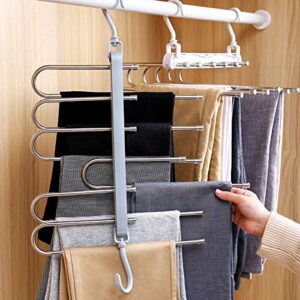 Space Saving Pants Hangers, 6 Layers Stainless Steel Rack Hanger, Non-Slip 6 in 1 Multifunctional Trouser Rack (White)