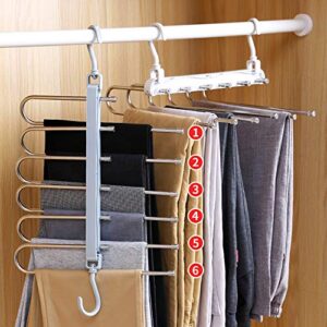 Space Saving Pants Hangers, 6 Layers Stainless Steel Rack Hanger, Non-Slip 6 in 1 Multifunctional Trouser Rack (White)