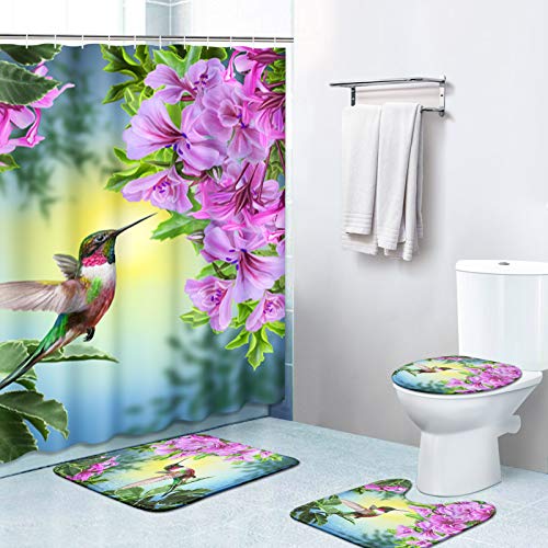 Britimes 4 Piece Shower Curtain Sets, Hummingbird with Non-Slip Rugs, Toilet Lid Cover and Bath Mat, Durable and Waterproof, for Bathroom Decor Set, 72" x 72"