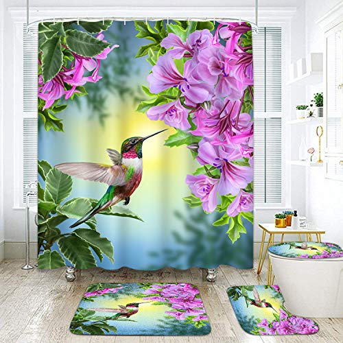 Britimes 4 Piece Shower Curtain Sets, Hummingbird with Non-Slip Rugs, Toilet Lid Cover and Bath Mat, Durable and Waterproof, for Bathroom Decor Set, 72" x 72"