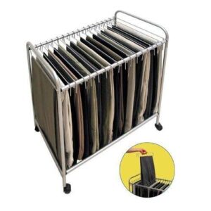 skymall rolling pants trolley organizer rack - holds 18 pairs of pants