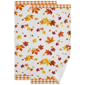 pfrewn fall autumn maple leaves hand towels for bathroom set of 2 orange plaid check tartan kitchen dish hanging towel absorbent soft thanksgiving day decor, 16x30 in