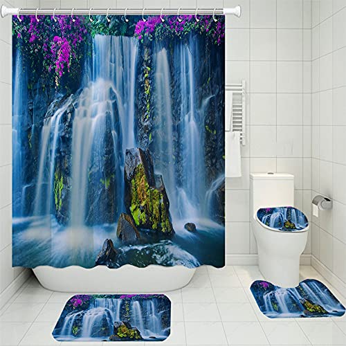 AXISRC 4 Pieces Waterfall Shower Curtains Sets Beautiful Scenery Carpet 3D Print Home Bathroom Set Toilet Mat Carpet U Shaped Pad 71x71inches