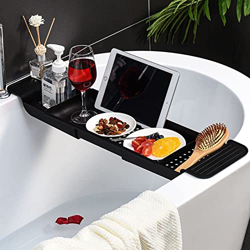 Black Bathtub Caddy Tray, Expandable Bath Shelf, Adjustable Plastic Bathtub Caddy, Bathroom Tray, Bathtub Accessories & Bathroom Gadgets
