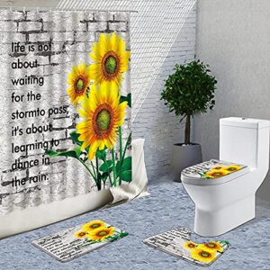 axisrc sunflower flower wall brick pattern background shower curtain 4pcs sets plank plant flower printing bath mats rugs toilet carpet 71x71inches