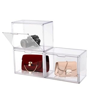 attelite plastic purse and handbag storage organizer for closet, clear acrylic display case with magnetic door for wallet, book, cosmetic, toys, clutch organization 3 pack