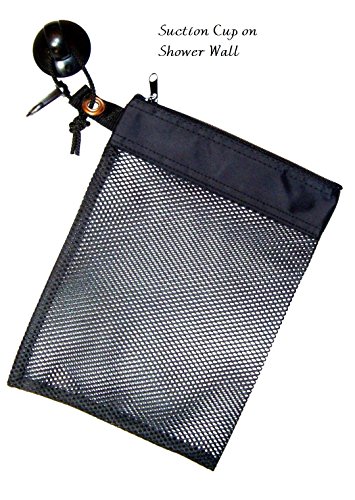 Mesh Caddy, Quick Dry Shower Tote Bag Hanging Toiletry and Bath Organizer with Suction Cup Clip Cord, Black, Rugged - Better Made in USA