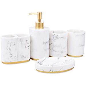 5-piece bathroom counter top accessory set - dispenser for liquid soap or lotion, soap dish, toothbrush holder and 2 tumblers, gold base, marble pattern resin (white)