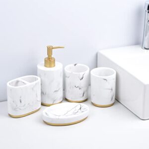 5-Piece Bathroom Counter Top Accessory Set - Dispenser for Liquid Soap or Lotion, Soap Dish, Toothbrush Holder and 2 Tumblers, Gold Base, Marble Pattern Resin (White)