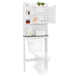 zenstyle over the toilet storage cabinet wood bathroom spacesaver storage organizer with adjustable shelves, tempered glass door and cubby, soft white