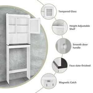 ZenStyle Over The Toilet Storage Cabinet Wood Bathroom Spacesaver Storage Organizer with Adjustable Shelves, Tempered Glass Door and Cubby, Soft White