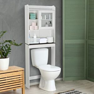 ZenStyle Over The Toilet Storage Cabinet Wood Bathroom Spacesaver Storage Organizer with Adjustable Shelves, Tempered Glass Door and Cubby, Soft White