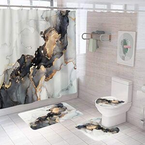 Jauiegu Shower Curtain Set, Marble Bathroom Accessories, 4 Piece Bathroom Decor Sets with Rugs and Waterproof Shower Curtains, 12 Hooks, Abstract