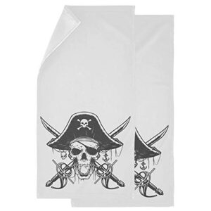 naanle 2 pcs trendy pirate skull pattern soft fluffy guest decor hand towels, multipurpose for bathroom, hotel, gym and spa (14" x 28",white black)