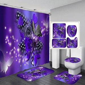 axisrc purple flower butterfly waterproof print shower curtain 4 piece carpet cover toilet cover bath mat pad set bathroom curtain 71x71inches