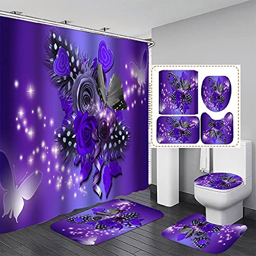 AXISRC Purple Flower Butterfly Waterproof Print Shower Curtain 4 Piece Carpet Cover Toilet Cover Bath Mat Pad Set Bathroom Curtain 71x71inches