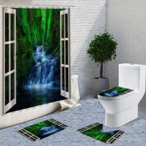 axisrc forest waterfall outside the window shower curtains 4pcs sets landscape bathroom curtain decor bath mats rugs toilet cover pad 4pcs set 71x71inches