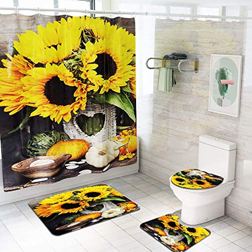 CNKOBE Sunflowers Shower Curtain Sets with Non-Slip Rugs, Toilet Lid Cover and Bath Mat, Curtains with 12 Hooks, Durable Waterproof Bath Curtain (A)