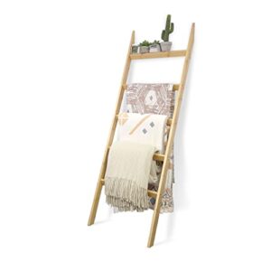 simeful 5 ft blanket ladder,blanket display rack, farmhouse blanket holder,wall leaning ladder shelf,bamboo towel rack,decorative quilt stand for living room, bathroom, bedroom