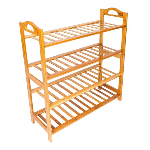 Concise Bamboo Wood Shoe Rack with Handle 4 Tier 12 Pairs Shoe Shelf Storage Organizer Free Standing Natural Color