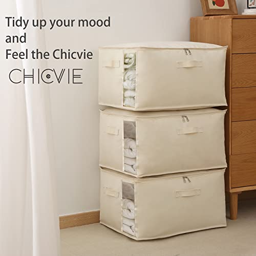 CHICVIE Canvas Comforters Bags Closet Organizers and Storage for Quilts Clothes Organization Containers Bins with Sturdy Zipper, Clear Window 75L for Sweaters Blankets Storage Bedroom Collapsible