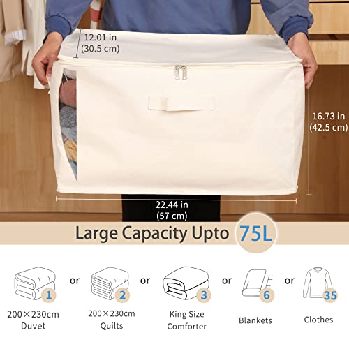 CHICVIE Canvas Comforters Bags Closet Organizers and Storage for Quilts Clothes Organization Containers Bins with Sturdy Zipper, Clear Window 75L for Sweaters Blankets Storage Bedroom Collapsible