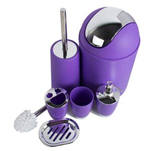 funwill Bathroom Accessories Set 6 Pieces Plastic Bathroom Accessories Toothbrush Holder, Rinse Cup, Soap Dish, Hand Sanitizer Bottle, Waste Bin, Toilet Brush with Holder(6 Colors) (Purple)