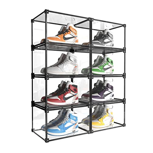 Airbin 8pcs Shoe Box, Stackable Shoe Organizer, Sturdy and Durable Clear Plastic Shoe Organizer for Closet Shoe Cabinet, Space Saving Shoe Rack Sneaker Display Case