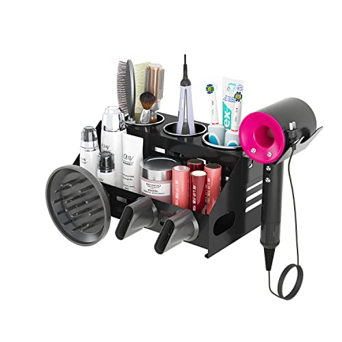 Hair Dryer Holder Wall Mount, Hair Tool and Styling Organizer,Bathroom Countertop Organizers for Dyson Supersonic Hair Dryer,Blow Dryer Holder with 3 Stainless Steel Metal Cups.