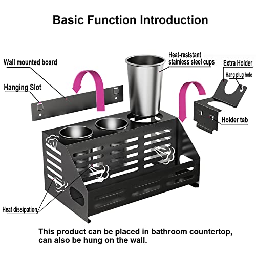 Hair Dryer Holder Wall Mount, Hair Tool and Styling Organizer,Bathroom Countertop Organizers for Dyson Supersonic Hair Dryer,Blow Dryer Holder with 3 Stainless Steel Metal Cups.