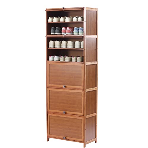 Bamboo Shoe Rack, Bamboo Shoe Rack Shelf Storage Organizer with Doors, 10 Tier Freestanding Shoe Cabinet for Entryway Closet Hallway Bedroom Living Room, Brown