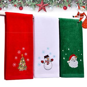 xtowen upgraded size 16" x 27" christmas hand towels washcloths, 100% pure cotton bathroom kitchen soft towels for drying & cleaning, perfect xmas holiday home decor set of 3 (red, white, green)
