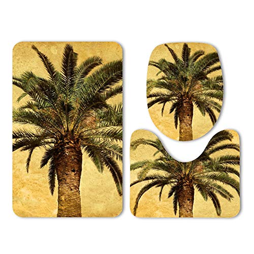 Yilooom 3-Pack Bath Mat Set, Vintage Palm Tree Tropical 1 Absorbent Memory Foam Soft Shower Bath Rugs Contour Mat and Lid Cover,Non Slip Velvet Bathrug,Shower Toilet Bathmats Carpet