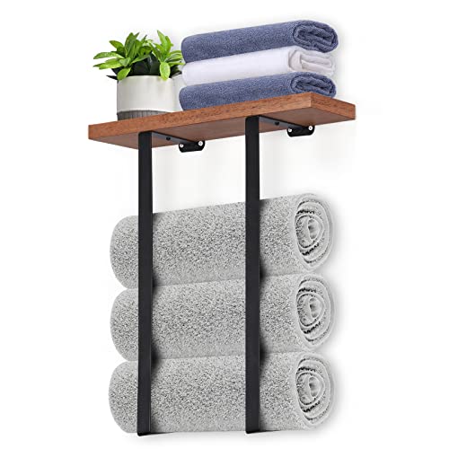 ABQ Towel Racks for Bathroom Wall Mounted, Metal Towel Holder with Wooden Shelf, Wall Towel Rack for Rolled Bath Towels, Hand Towels, Washcloths in Small Bathroom RV Storage, Black