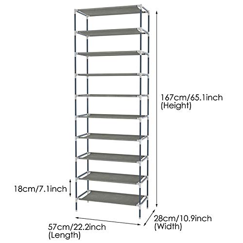 kemanner 10-Tier Shoe Rack, Non-woven Fabric Free-Standing Shoe Tower Organizer Cabinet - Holds 50 Pairs of Shoes - 22.2” x 10.9” x 65.1” - Grey