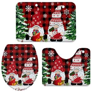 christmas gnome 3 piece bath rugs sets cute christmas gnome bathroom mats set non slip water absorbent u-shaped contour toilet mat xmas tree snowflake red buffalo plaid toilet lid cover