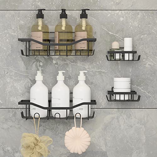 JIANGBAI 24-Pack,Shower Caddy Shelf Organizer Rack with Soap Dish Holder, Adhesive Shower Organizer No Drilling,Rack Wall Mounted Shower Shelves, Self Adhesive Hook (black)